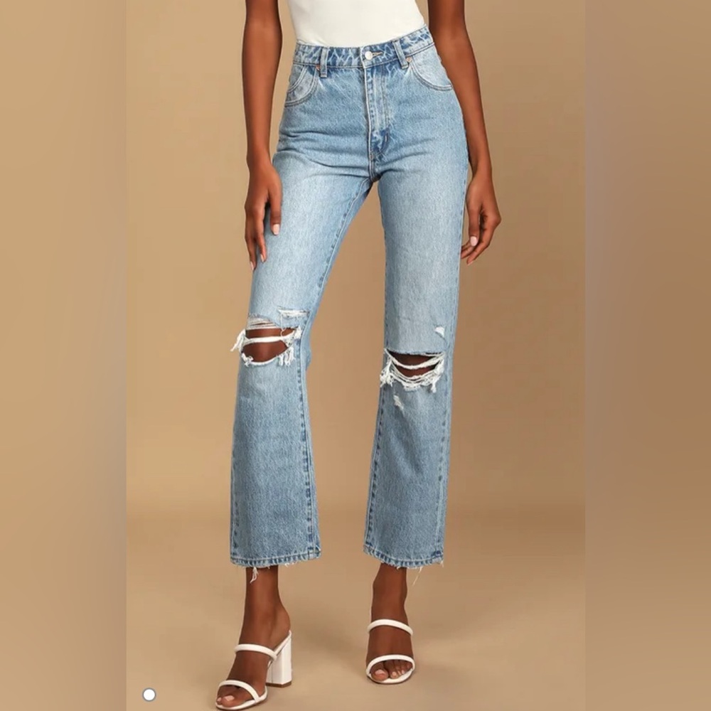 Rollas Original Straight Light Wash High Rise Distressed Denim Jeans